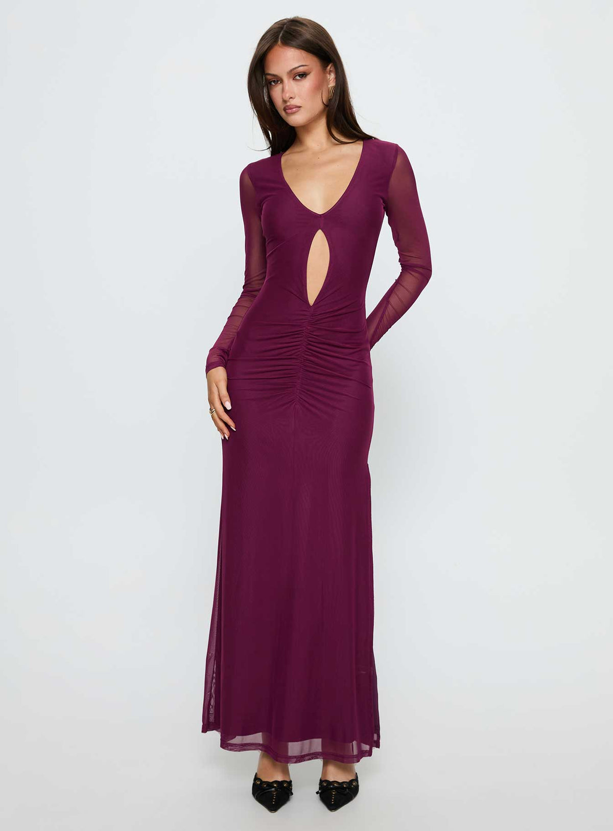 Darkside Long Sleeve Cut Out Plunge Maxi Dress Plum