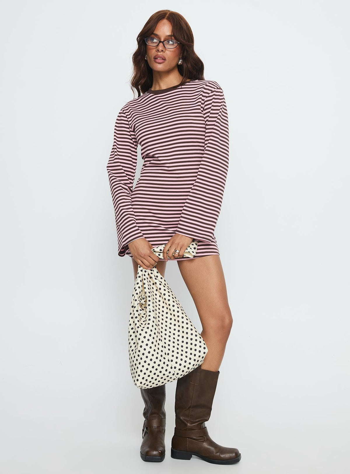 Lulolah Long Sleeve Mini Dress Chocolate / Pink Stripe