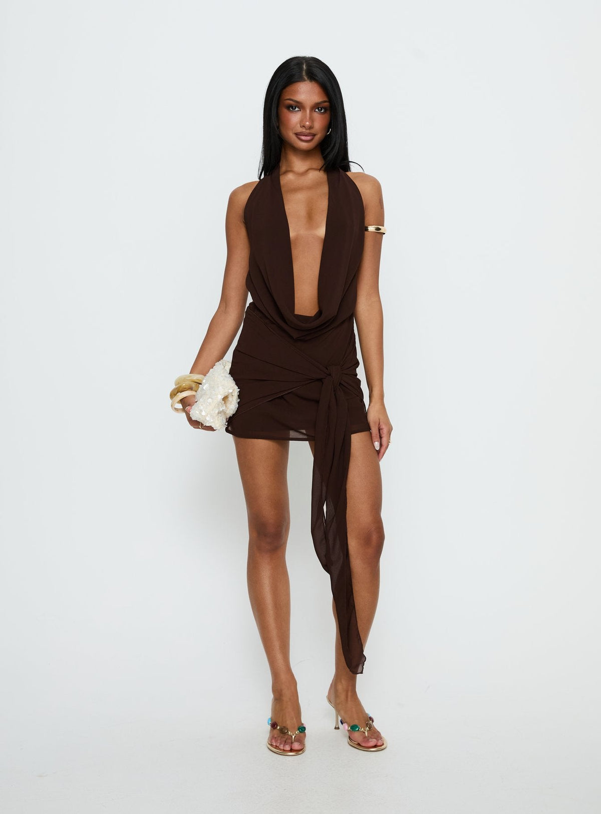 Snakepit Halter Plunge Mini Dress Chocolate