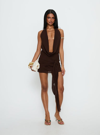 Snakepit Halter Plunge Mini Dress Chocolate