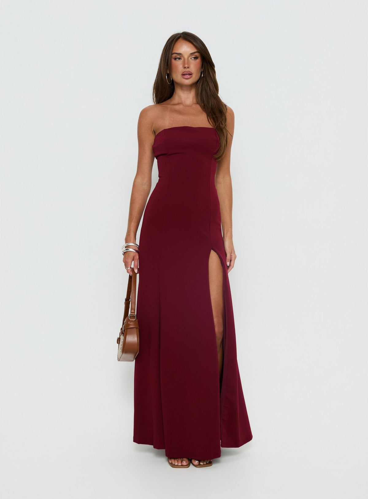 Diamanti Strapless High Slit Maxi Dress Burgundy