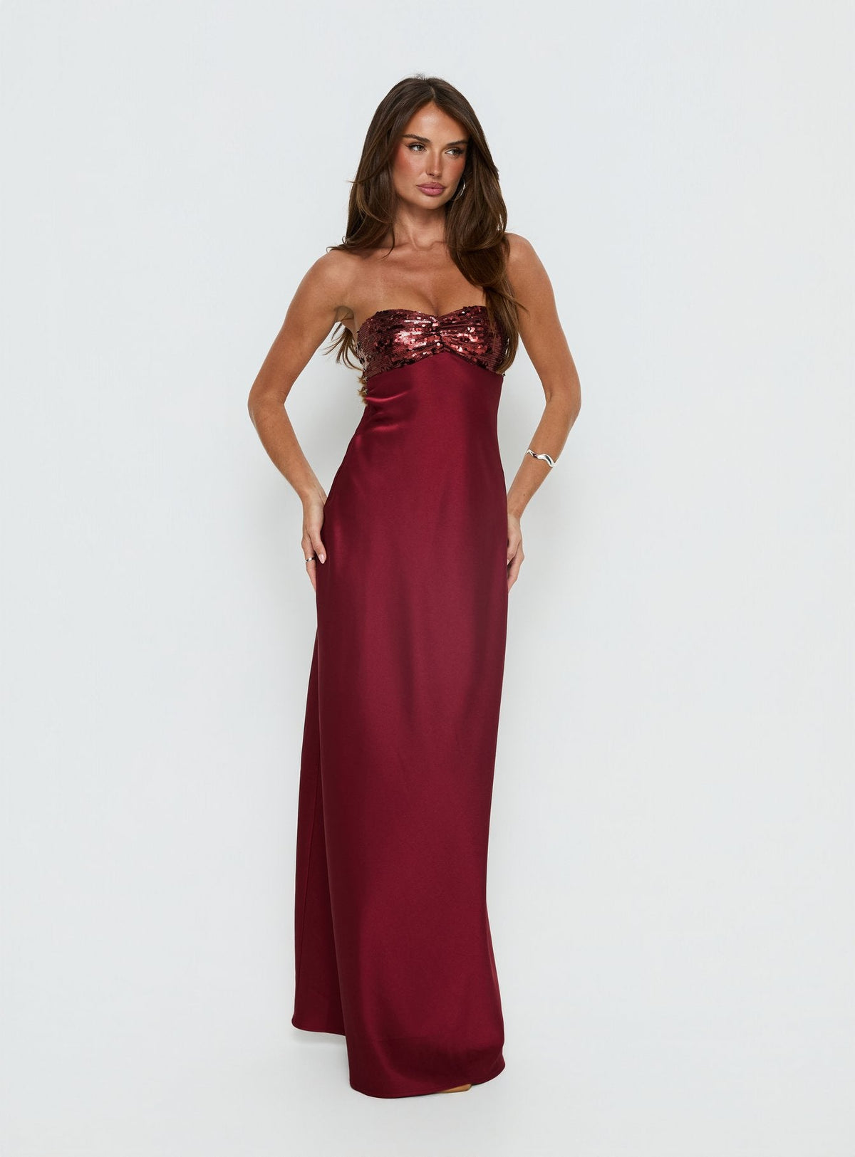 See The Vision Sequin Bust Strapless Maxi Dress Burgundy