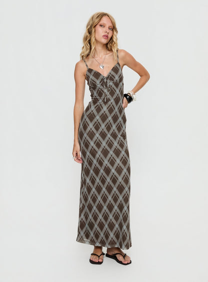 Idaline V Neck Maxi Dress Brown Check