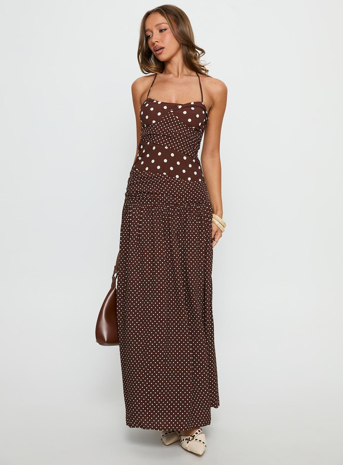 Marguerite Halter Maxi Dress Brown Polka Dot