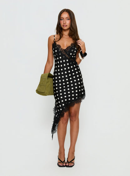 Afterdark Lace Asymmetrical Mini Dress Black Polka Dot