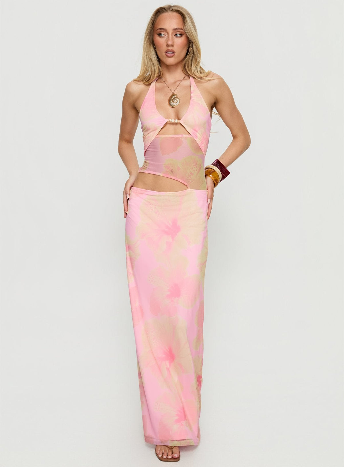 Dyanna Halter Mesh Maxi Dress Pink Floral