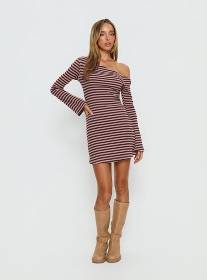 Adrietta Long Sleeve Off Shoulder Mini Dress Chocolate / Pink Stripe