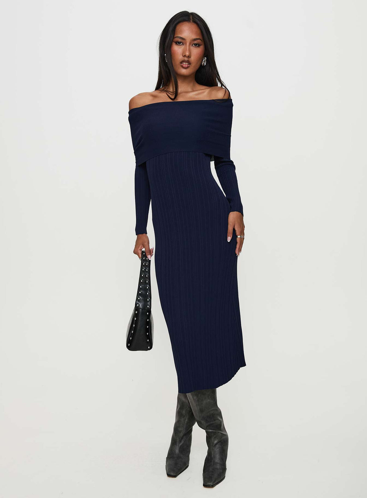 Flisse Long Sleeve Rib Maxi Dress Navy
