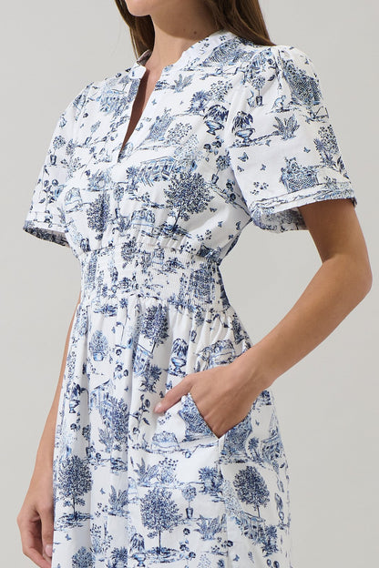 Elara Toile Smocked Waist Maxi Dress