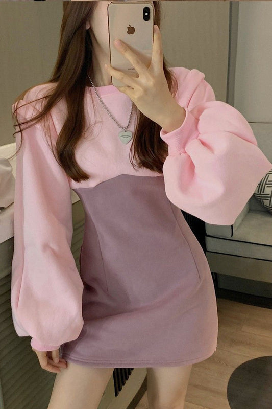 O-Neck Lantern Sleeve Office Mini Dress