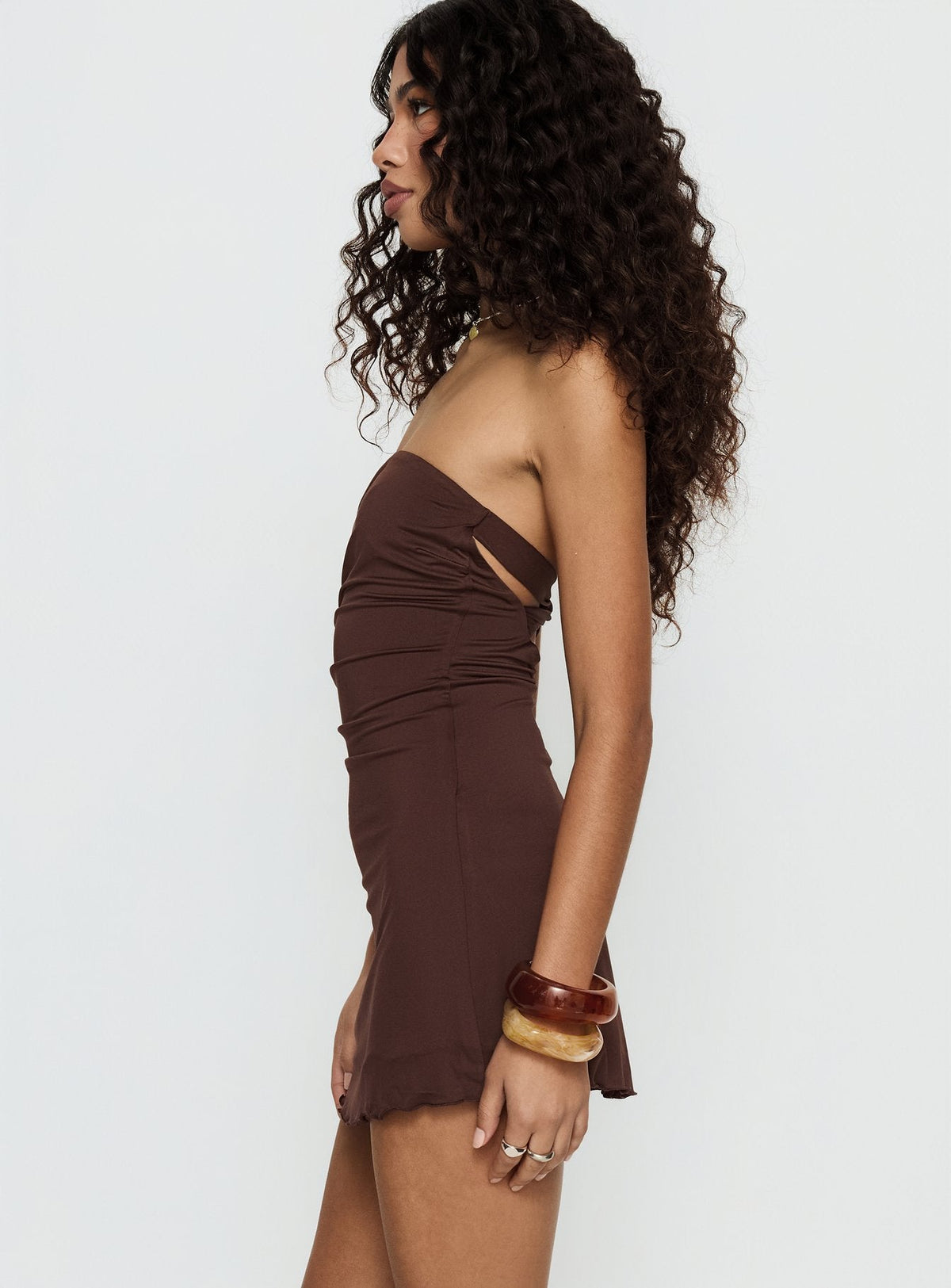 Mykah Strapless Ruched Mini Dress Brown