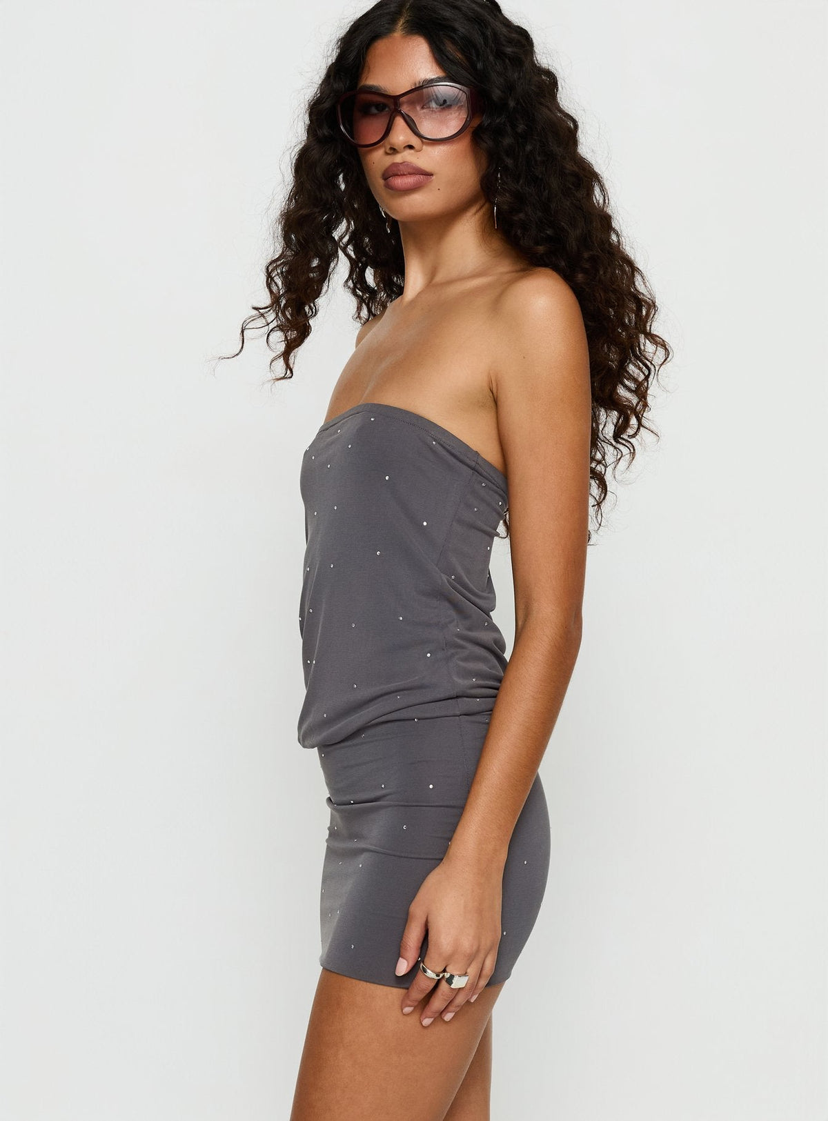 Belia Mini Dress Diamante Dark Grey