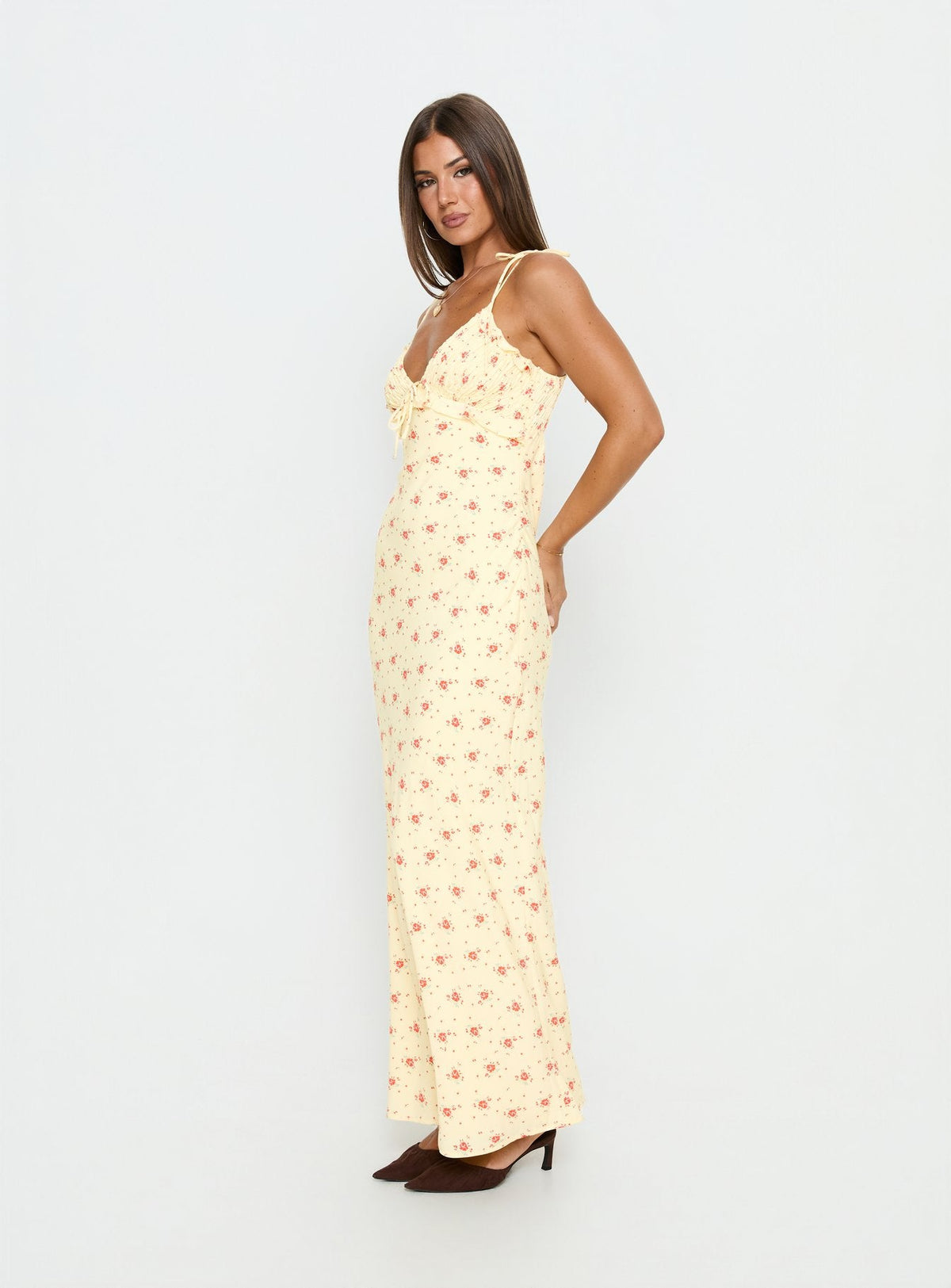 Morcar Frill V Neck Maxi Dress Yellow Floral