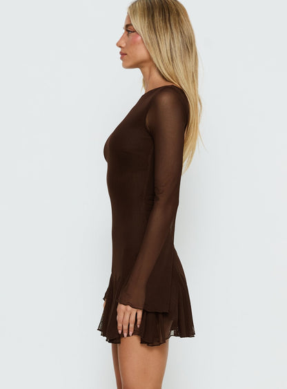 Evita Long Sleeve Pleat Mini Dress Chocolate
