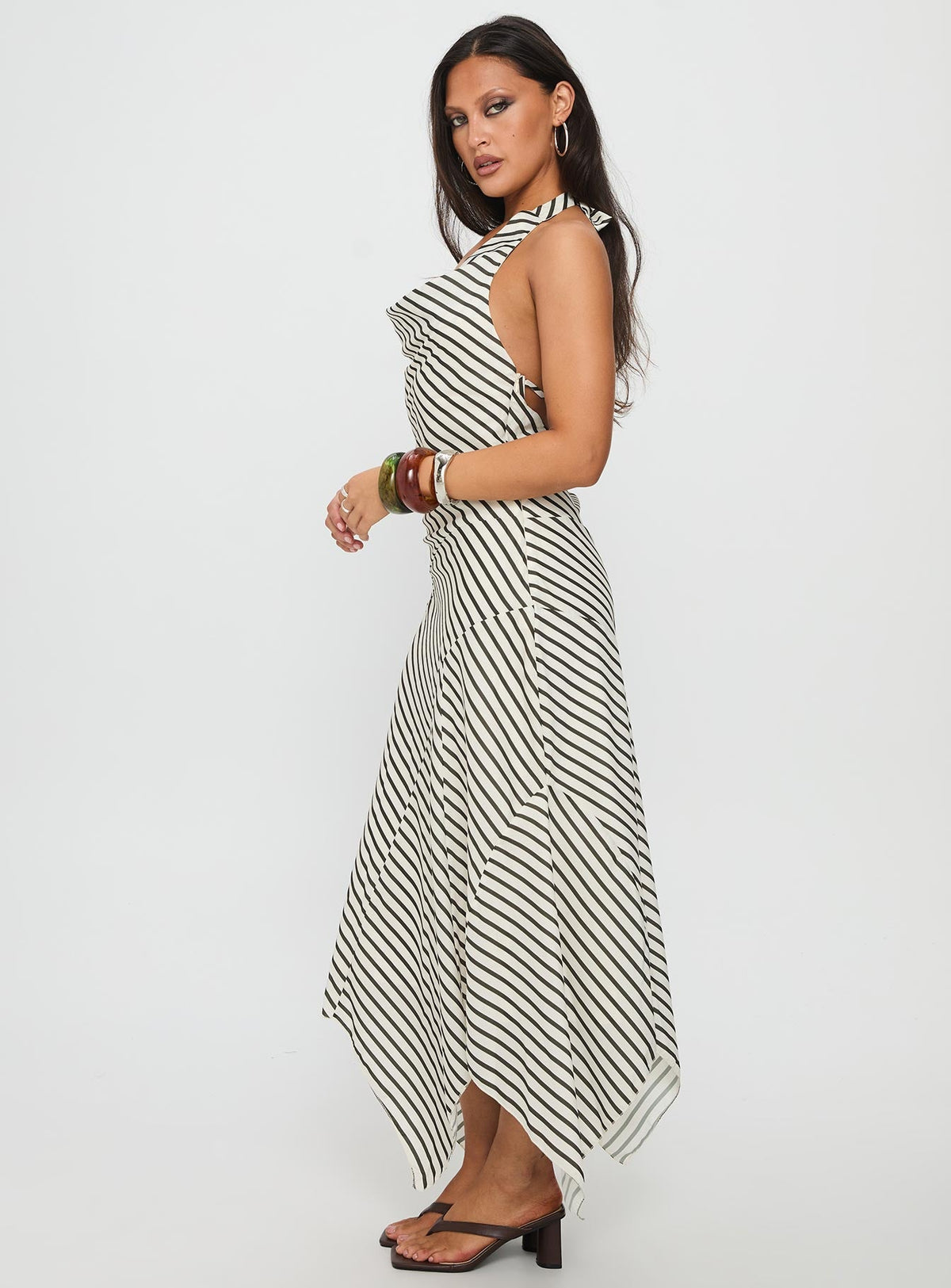 Junipa Halter Asymmetrical Maxi Dress White Stripe