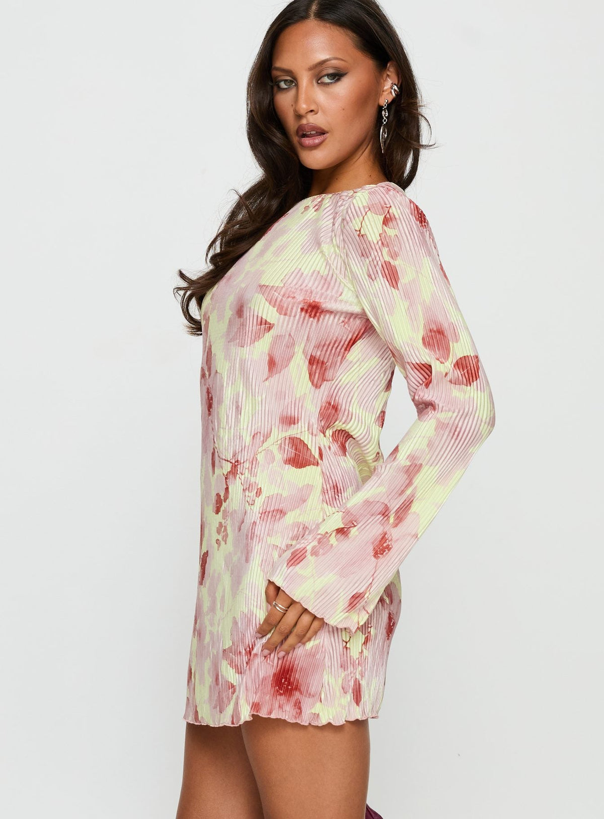 Odelie Long Sleeve Plisse Mini Dress Multi Floral