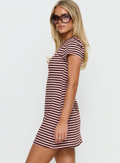 Settle Down Short Sleeve Mini Dress Pink / Brown Stripe