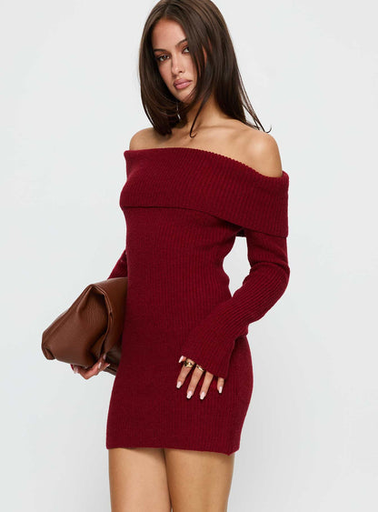 Noriko Long Sleeve Knit Mini Dress Burgundy