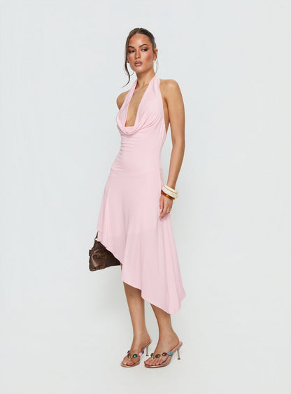 Yesina Halter Jersey Midi Dress Pink