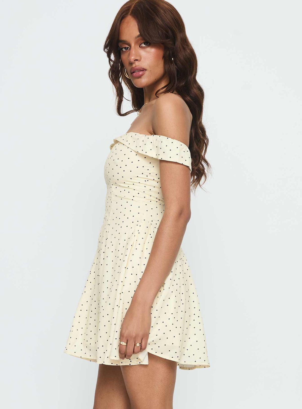 Rosebud Off The Shoulder Mini Dress Yellow / Polka Dot