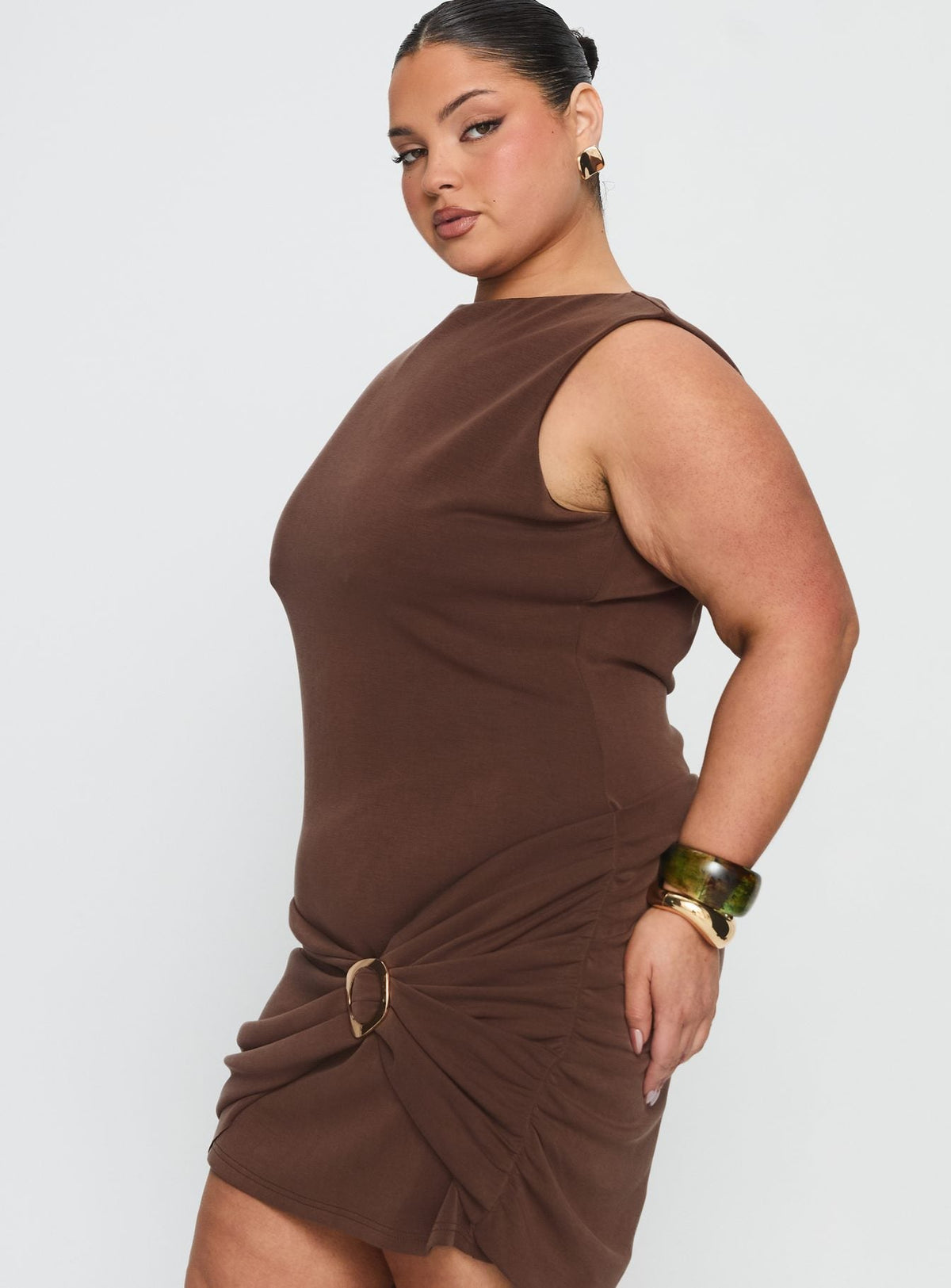 Kharla Ruched Hardware Mini Dress Brown Curve