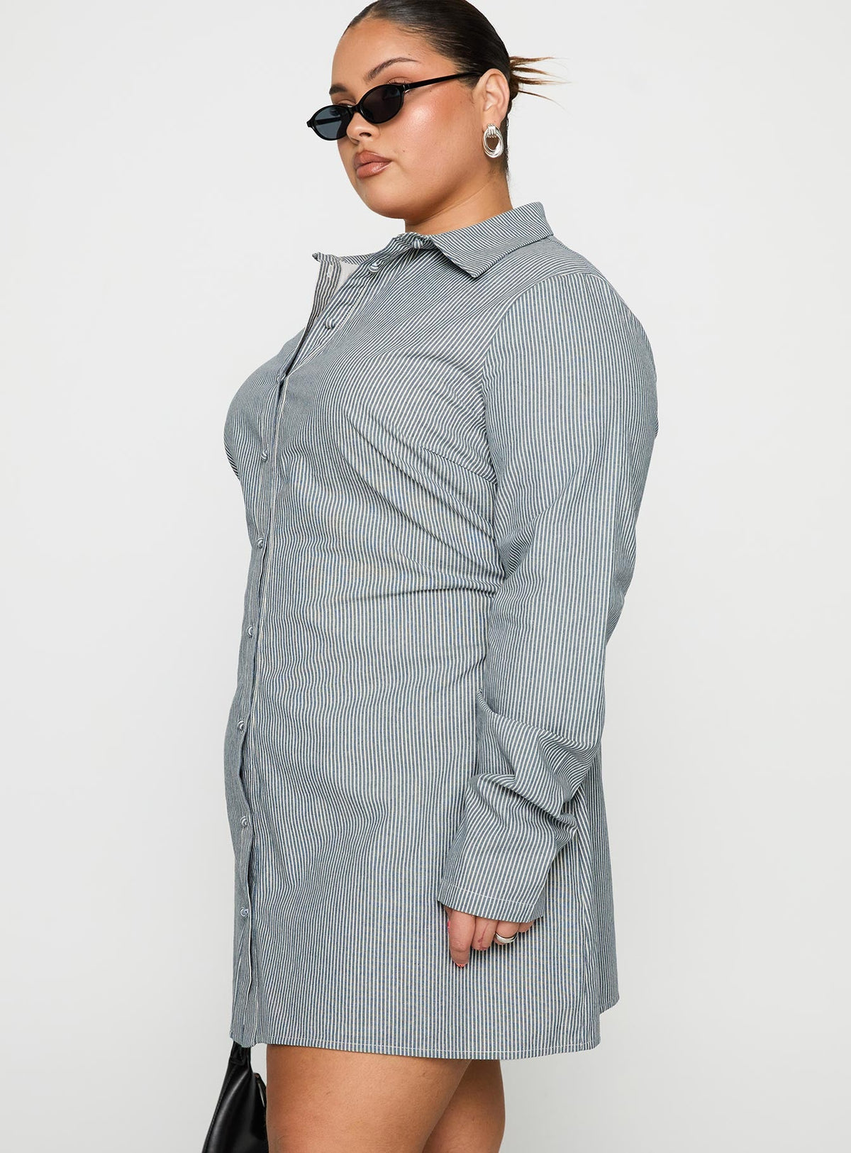 Publicity Long Sleeve Mini Dress Blue Pinstripe Curve