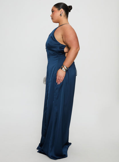 Kiss Of Life Satin Maxi Dress Navy Curve