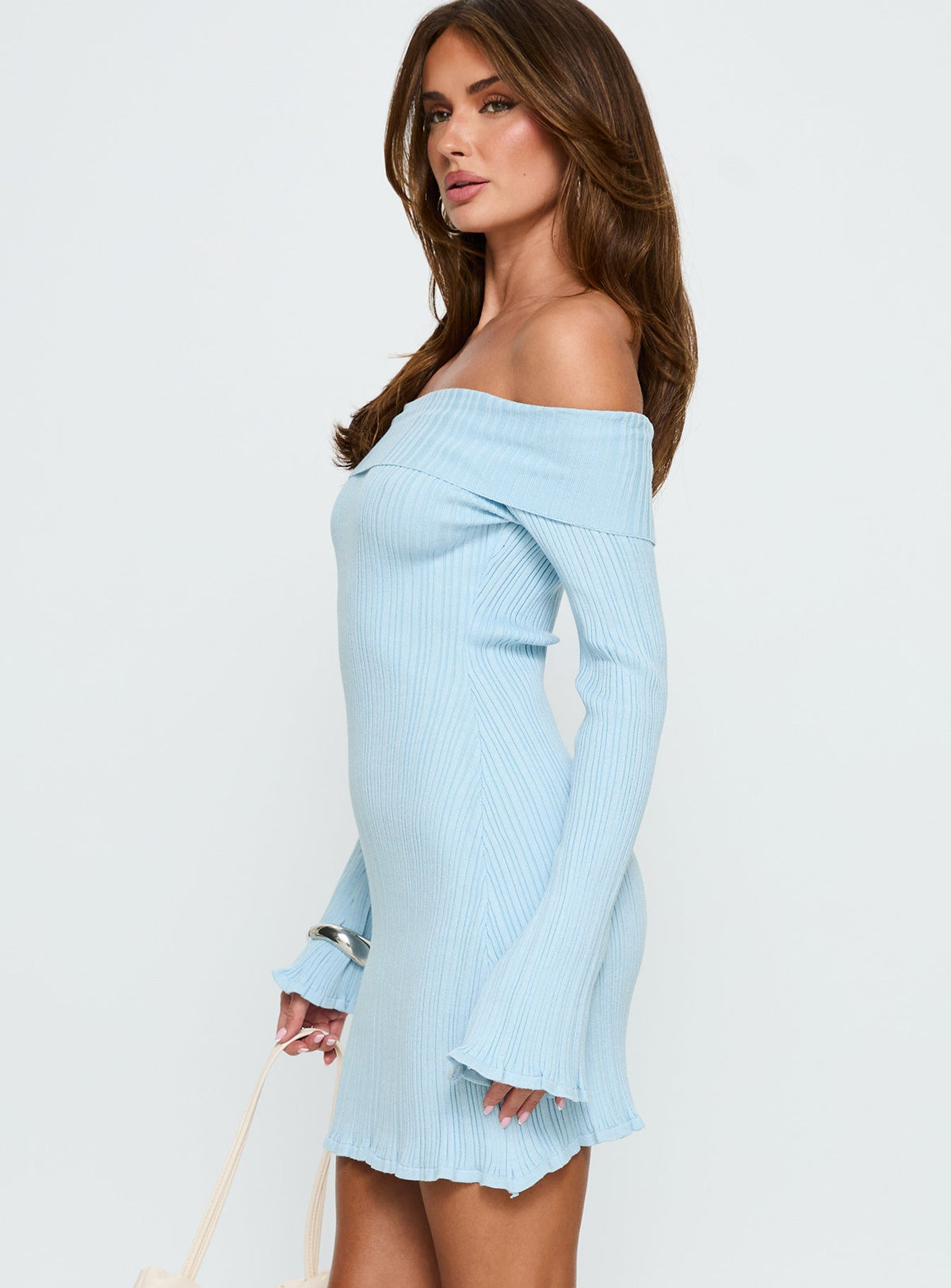 Freshwater Long Sleeve Rib Knit Mini Dress Ice Blue