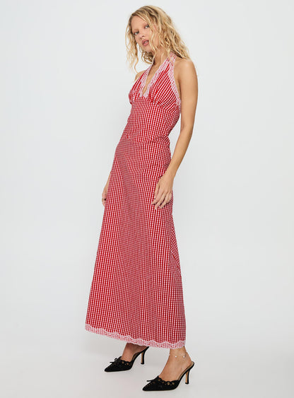 Betsie Halter Lace Maxi Dress Red Gingham