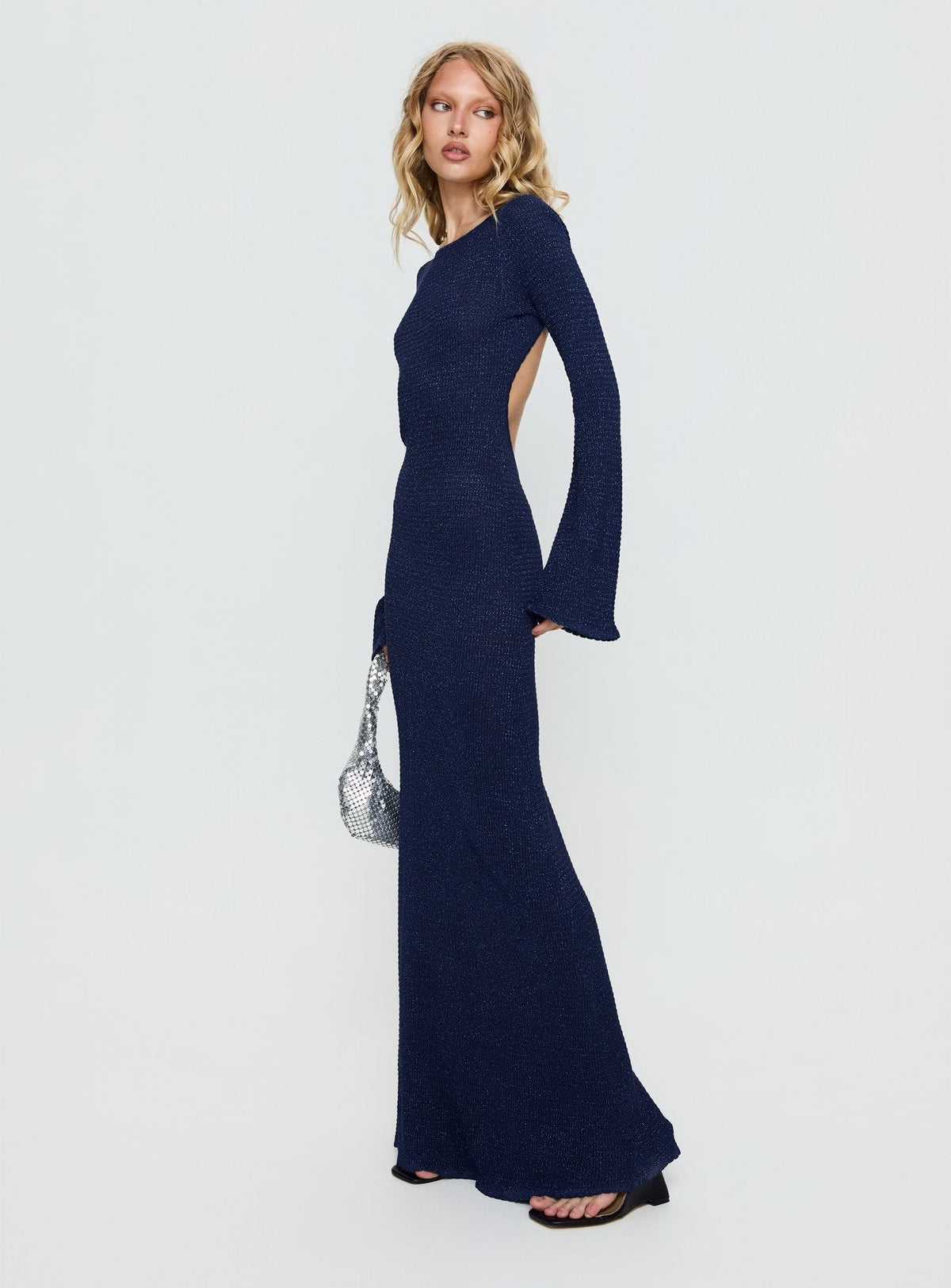 Rhapsody Long Sleeve Knit Maxi Dress Navy