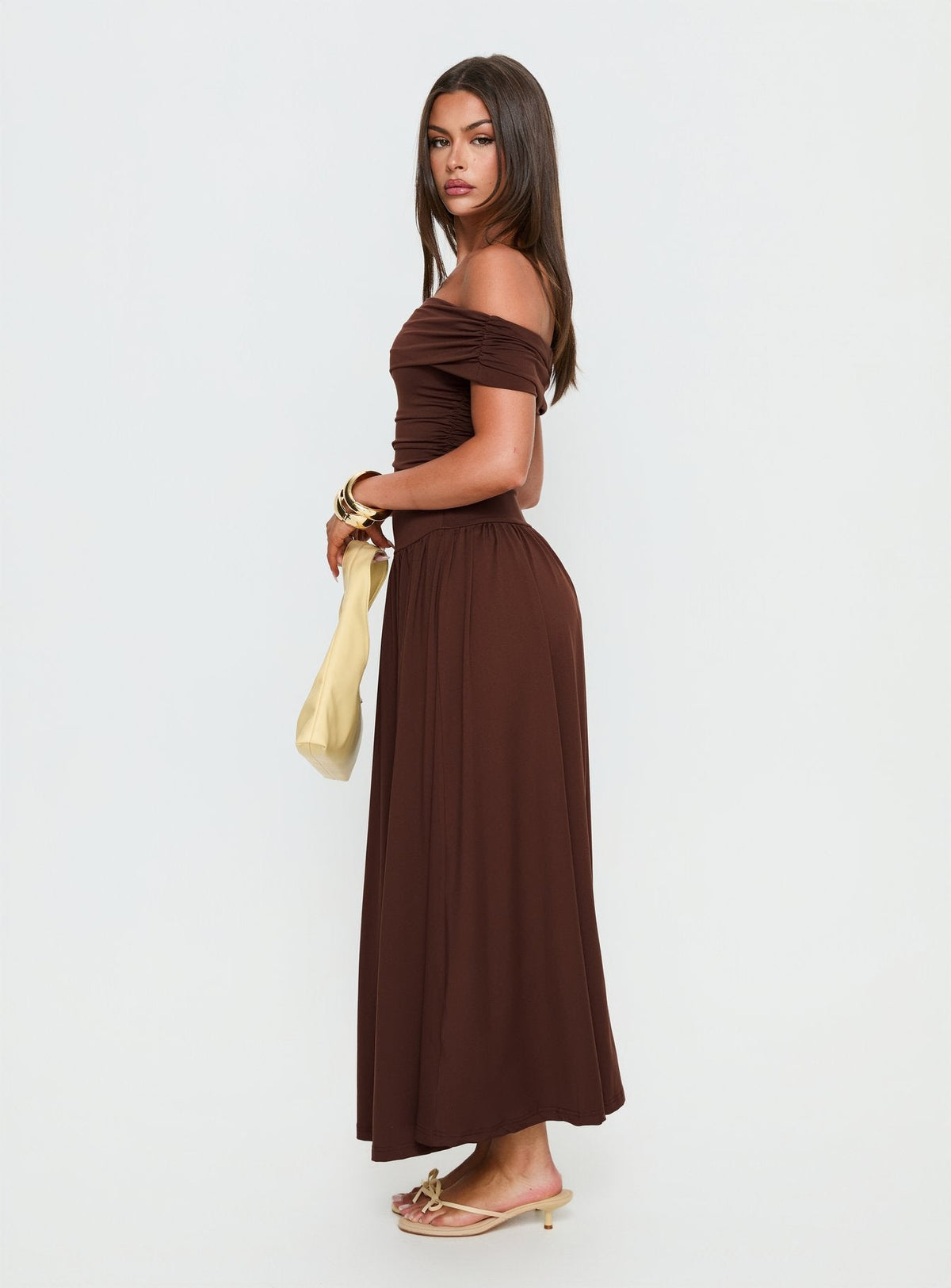Katalia Off Shoulder Maxi Dress Chocolate Brown
