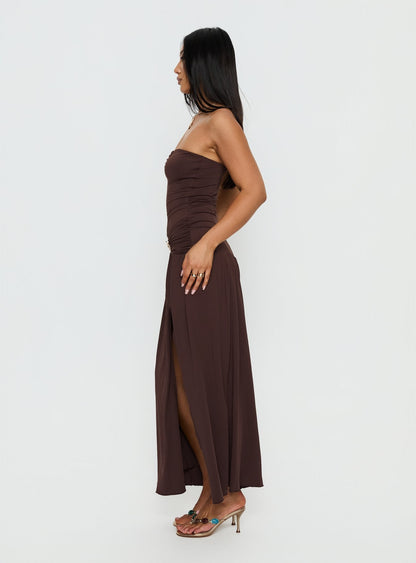 Alexe Strapless Ruched Maxi Dress Chocolate