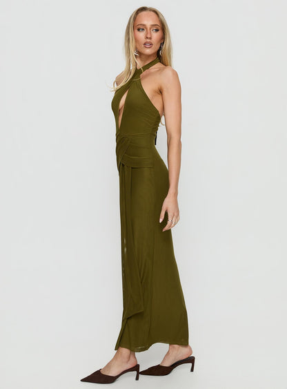 Feliza Keyhole Halter Maxi Dress Olive