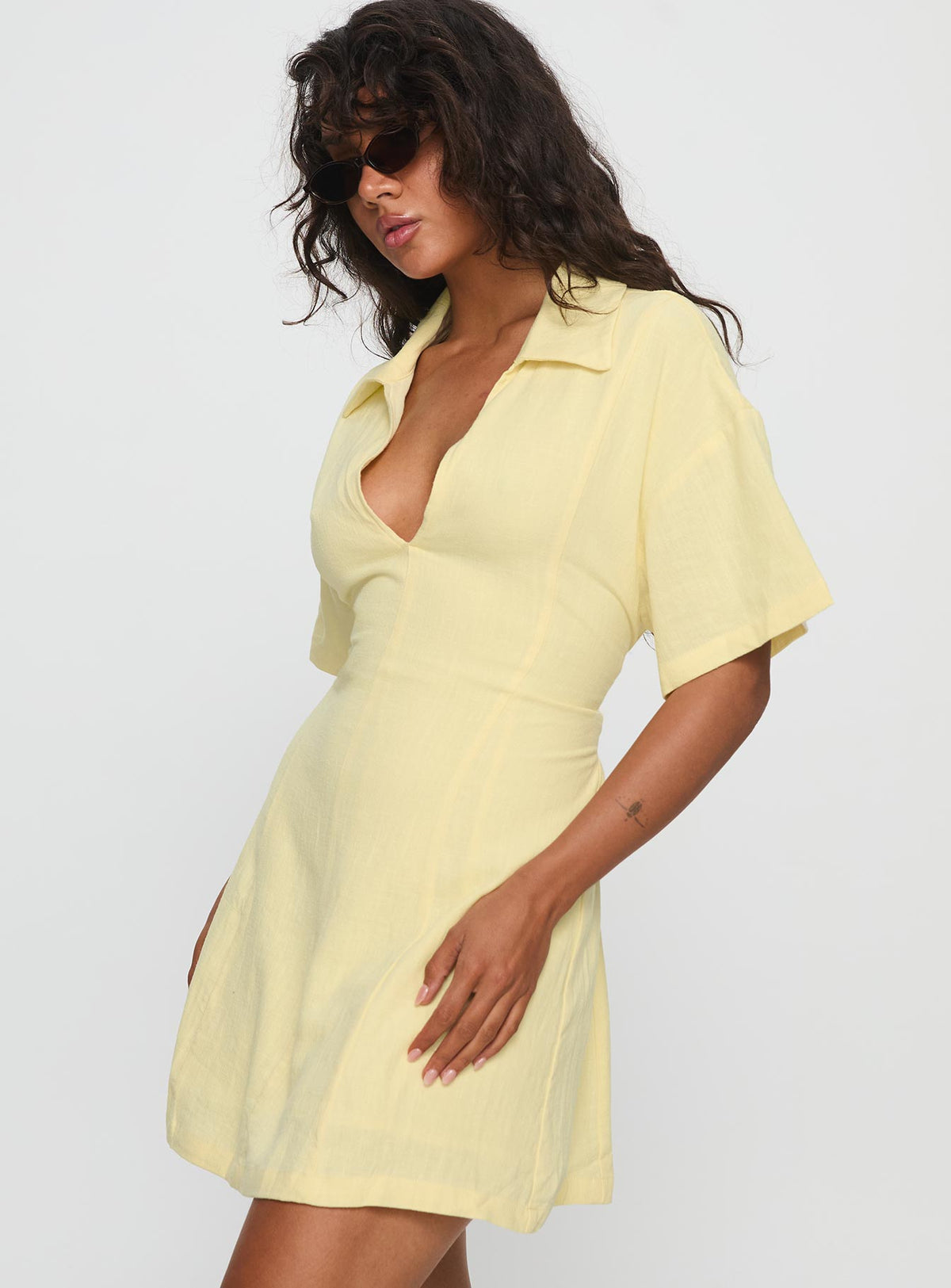 Wylla V Neck Linen Mini Dress Yellow
