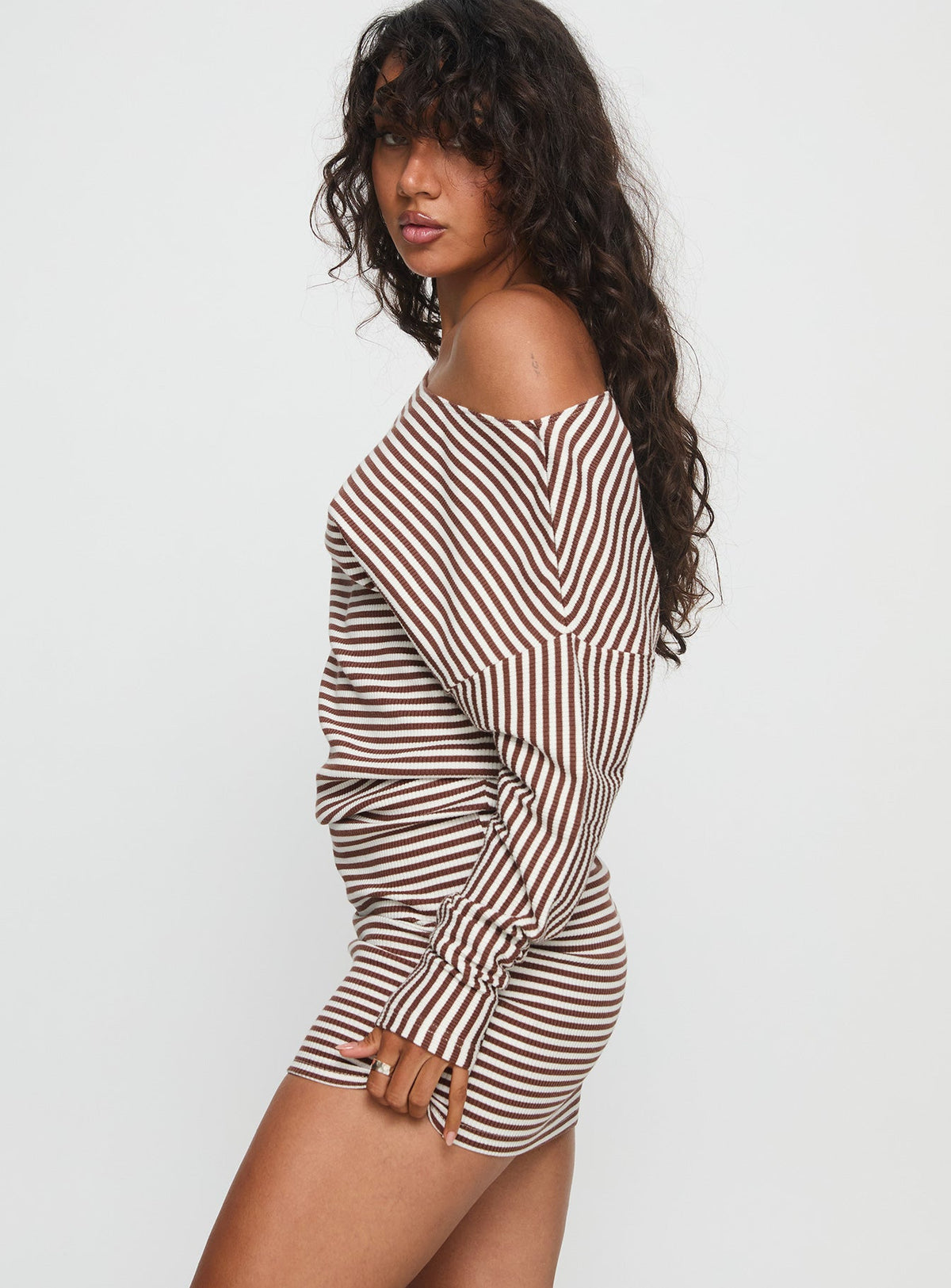 Caia Off Shoulder Long Sleeve Jersey Mini Dress Chocolate Stripe