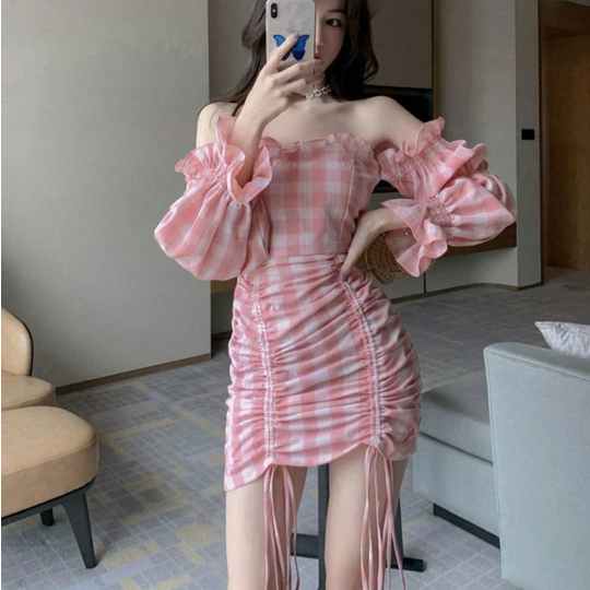 Slash Neck Long Flare Sleeve Plaid Mini Dress