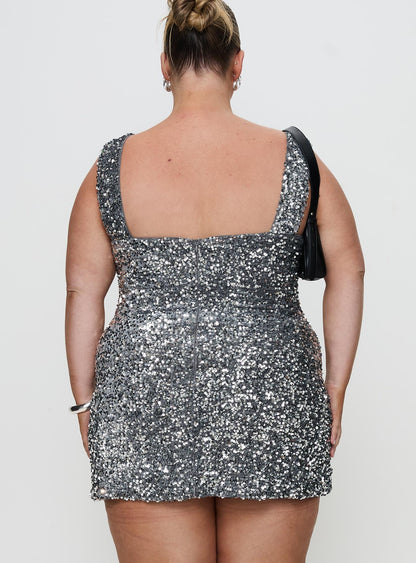Miss Me Sequin Mini Dress Silver Curve