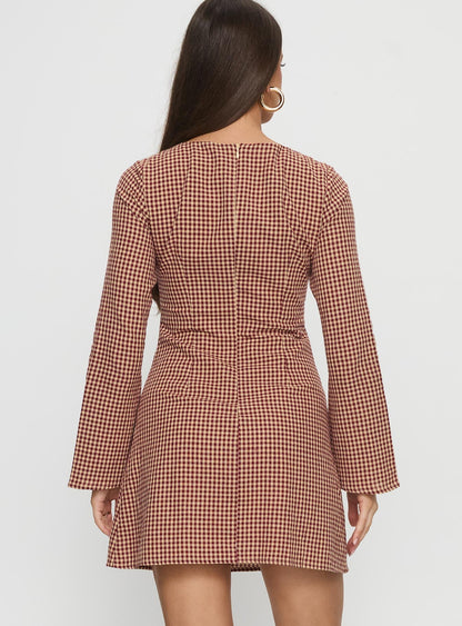 Kassidee Keyhole Long Sleeve Mini Dress Red Check