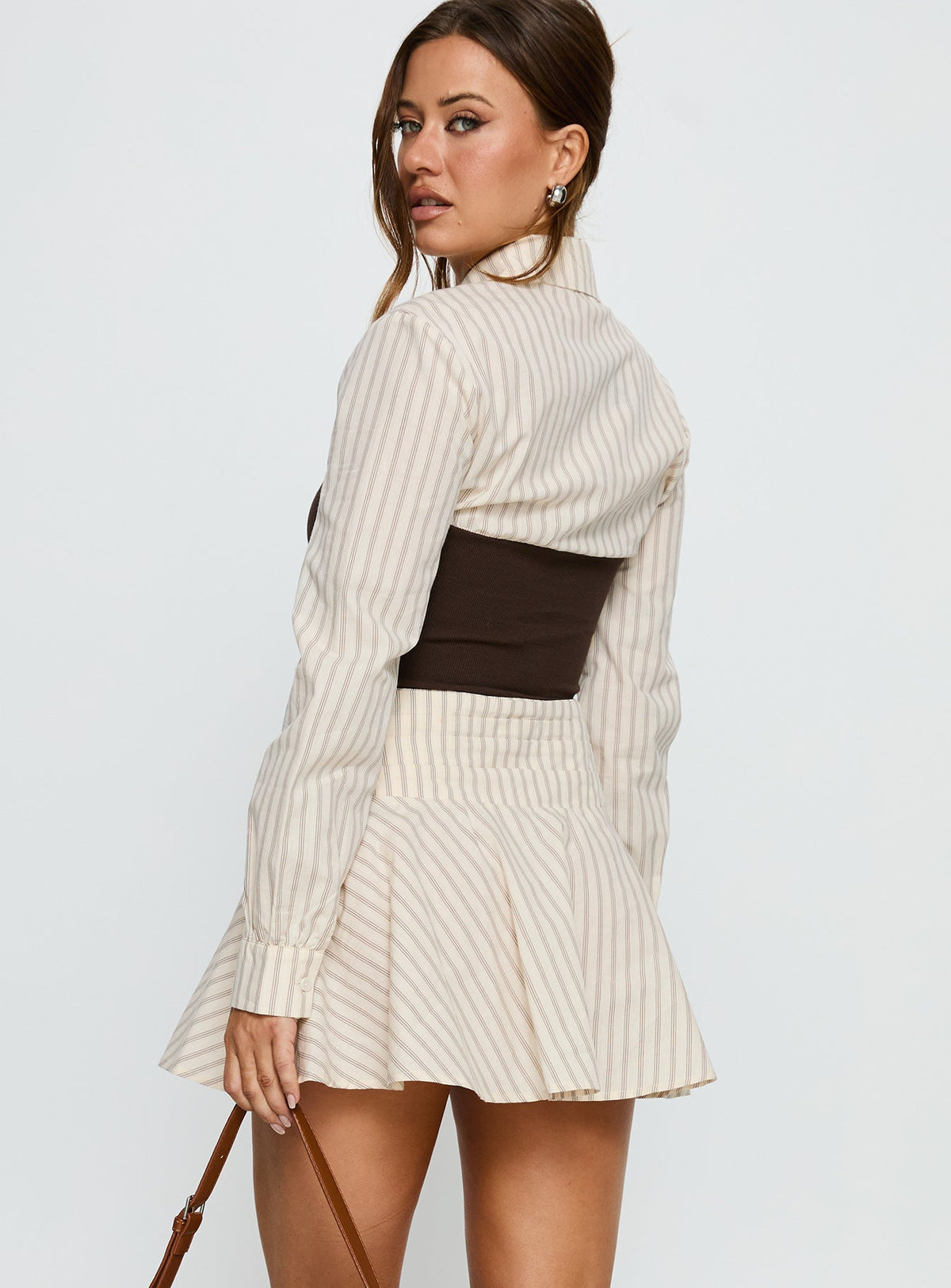 Belva Long Sleeve Corset Shirt Mini Dress Brown Stripe