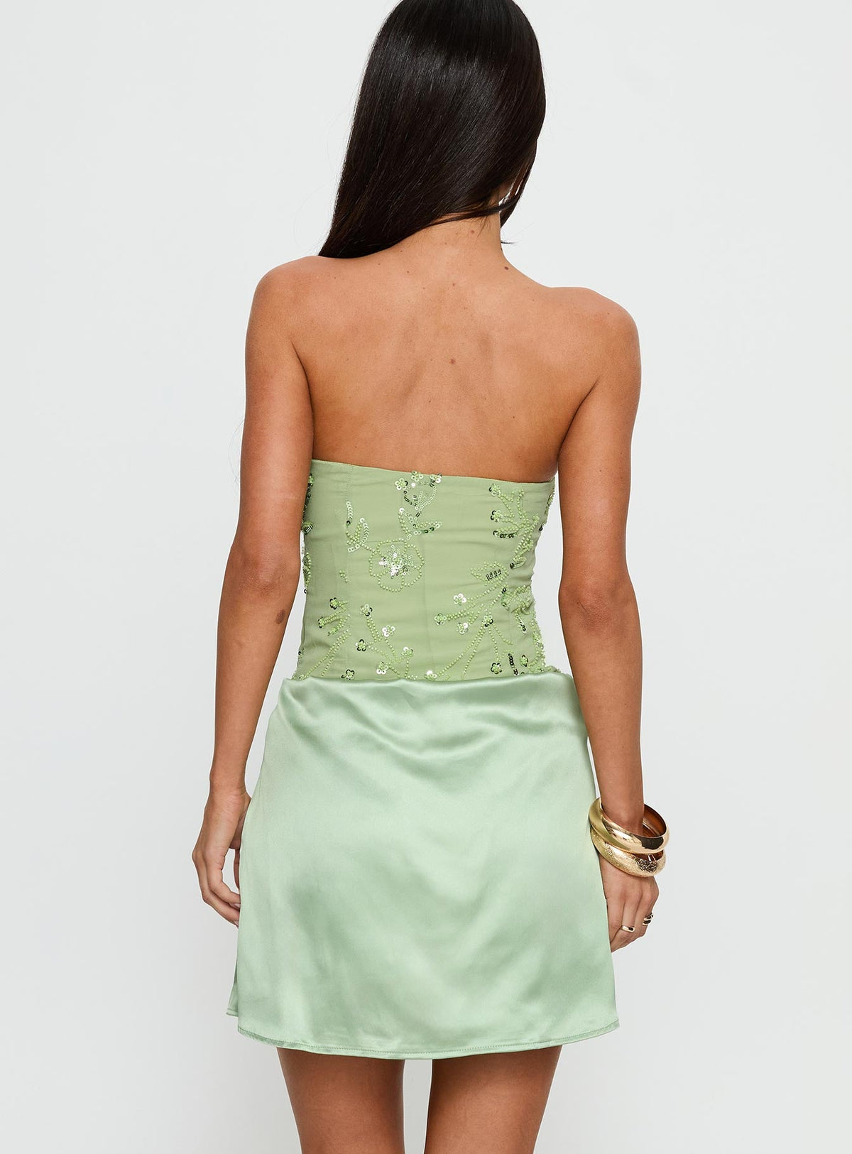 Lyrena Strapless Beaded Mini Dress Green