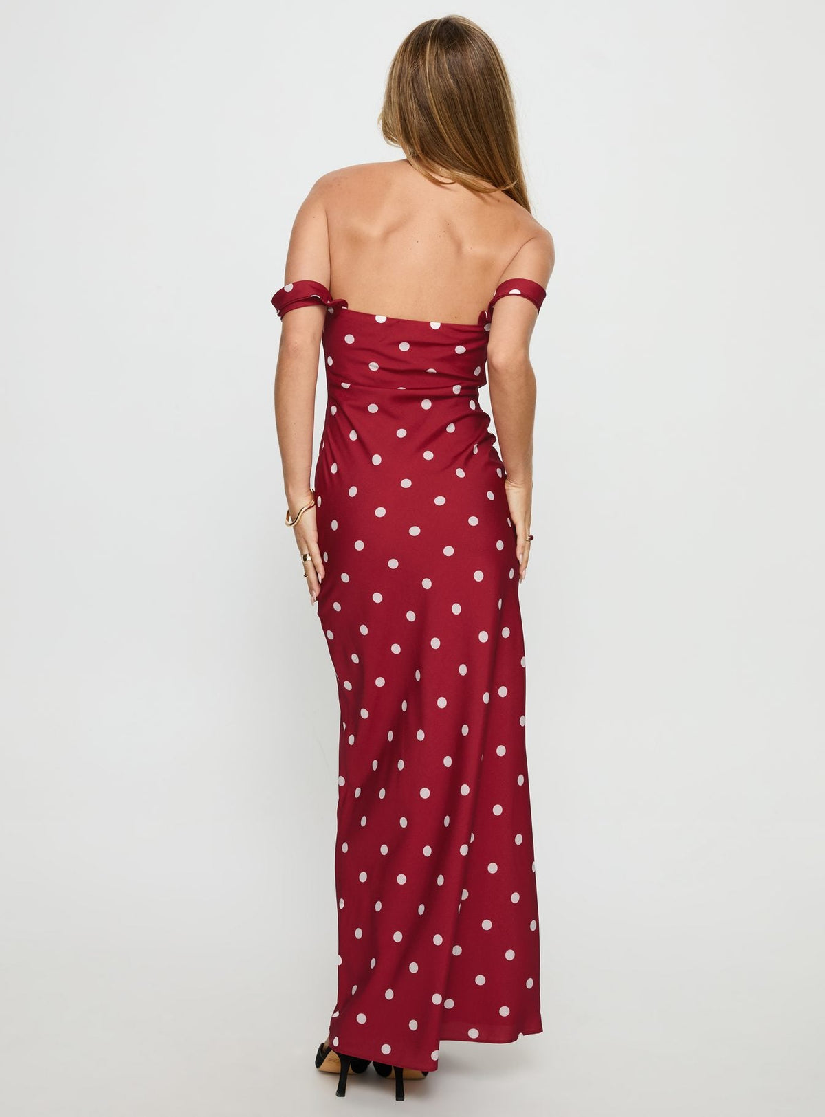 End Credits Off Shoulder Pleat Maxi Dress Red / Polka Dot