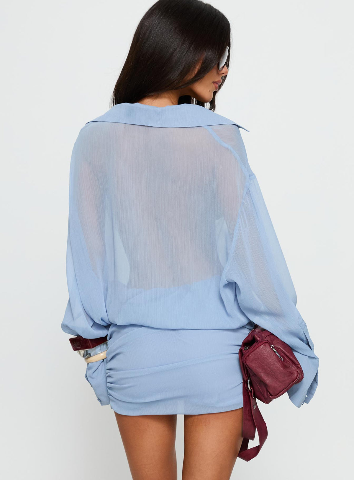 Moonrising Long Sleeve Sheer Blouson Mini Dress Blue
