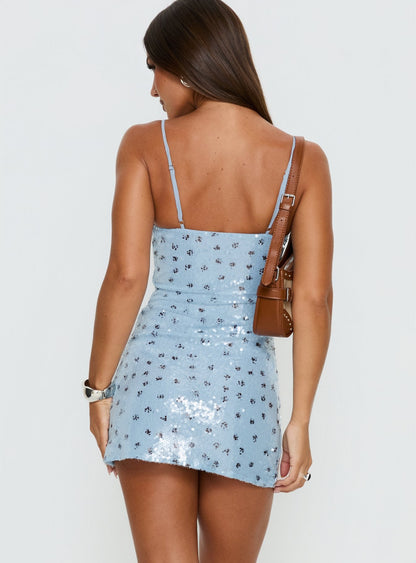 Mareni V Neck Sequin Mini Dress Blue Polka Dot