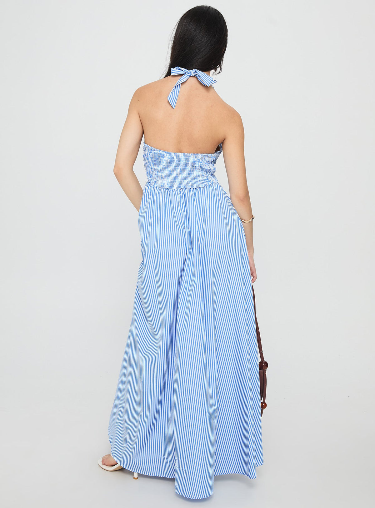 Ivie Halter Plunge Maxi Dress Blue Stripe
