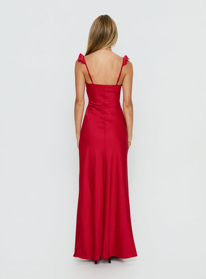 Ondrea Frill V Neck Maxi Dress Red