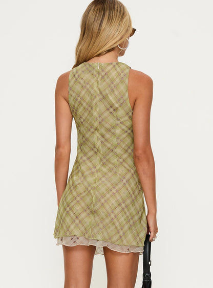 Buffie Shoulder Mini Dress Green Check
