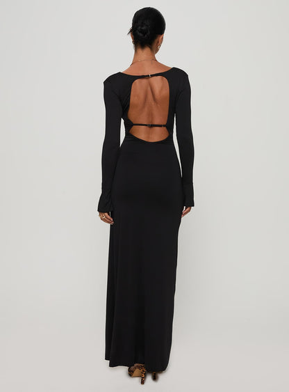 Lezure Plunge Long Sleeve Maxi Dress Black