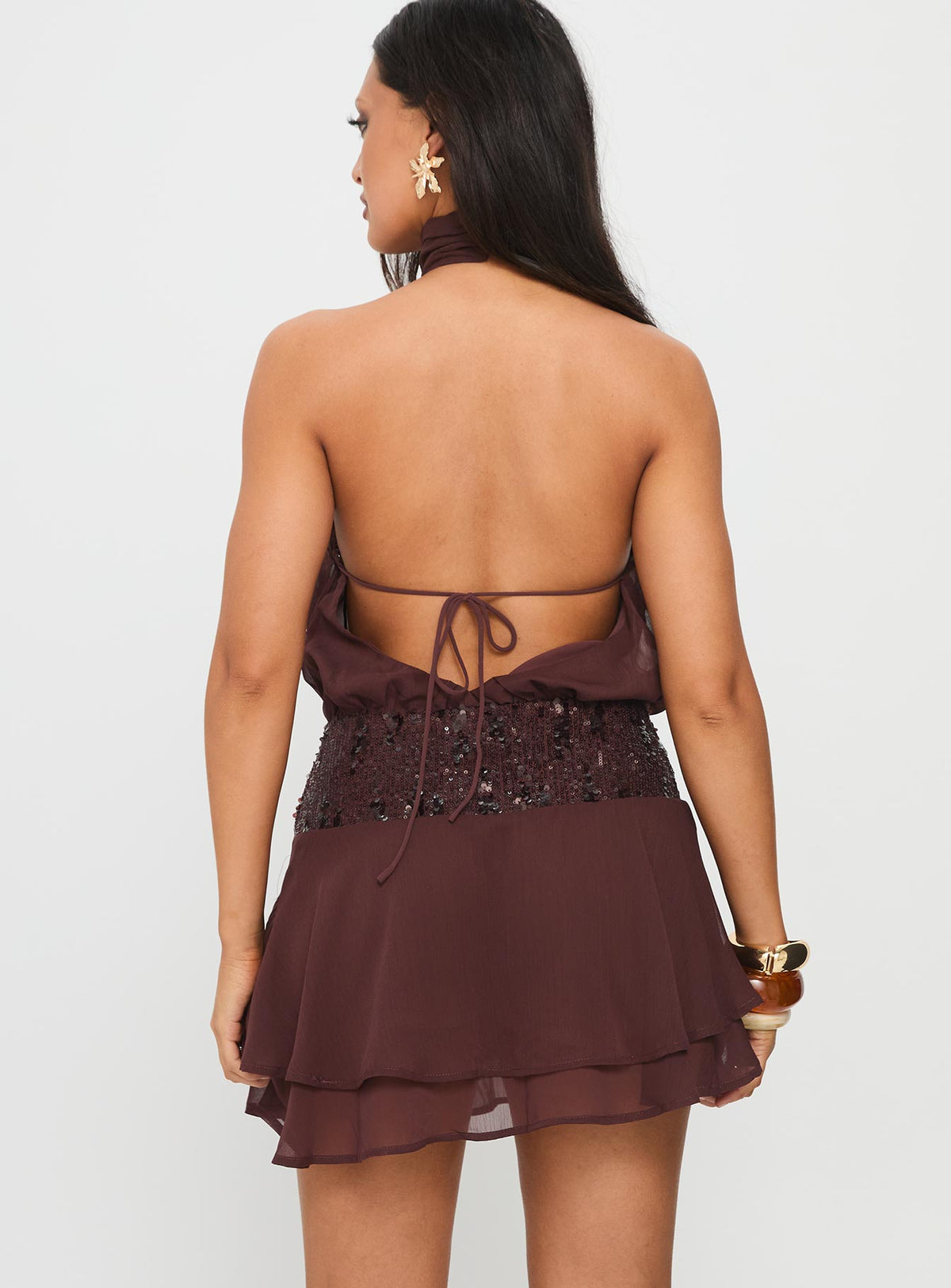 Zenayda Drop Waist Sequin Mini Dress Brown