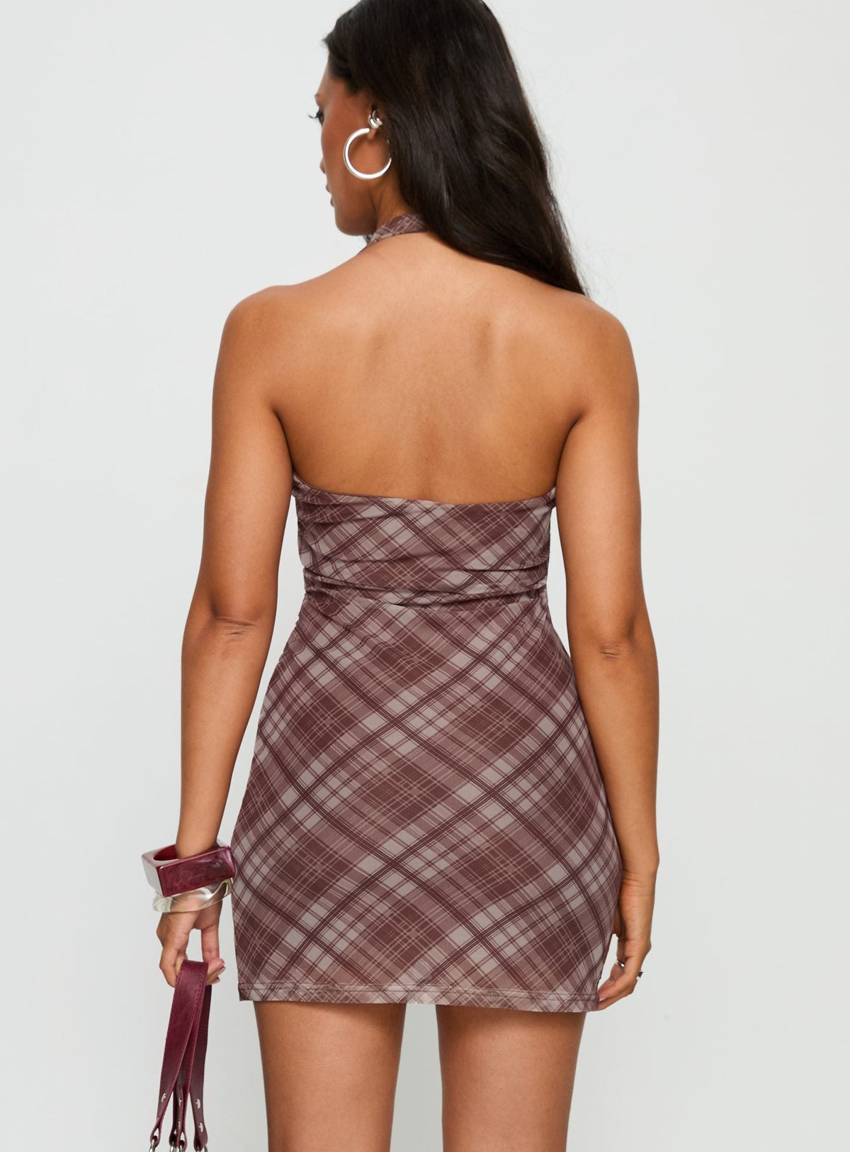Kastles Halter Cut Out Mini Dress Brown Check