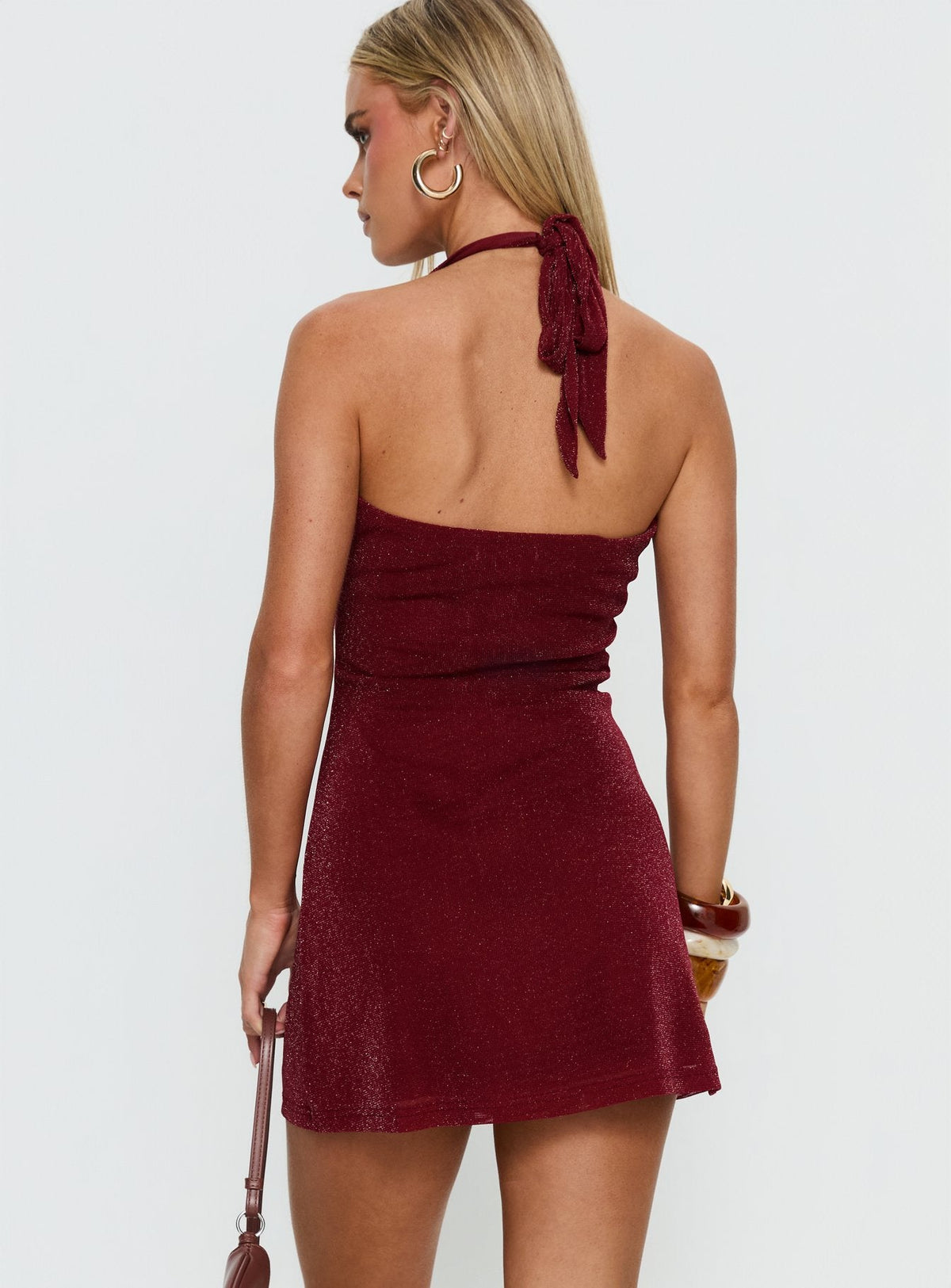 Amiro Halter Plunge Mini Dress Burgundy Shimmer